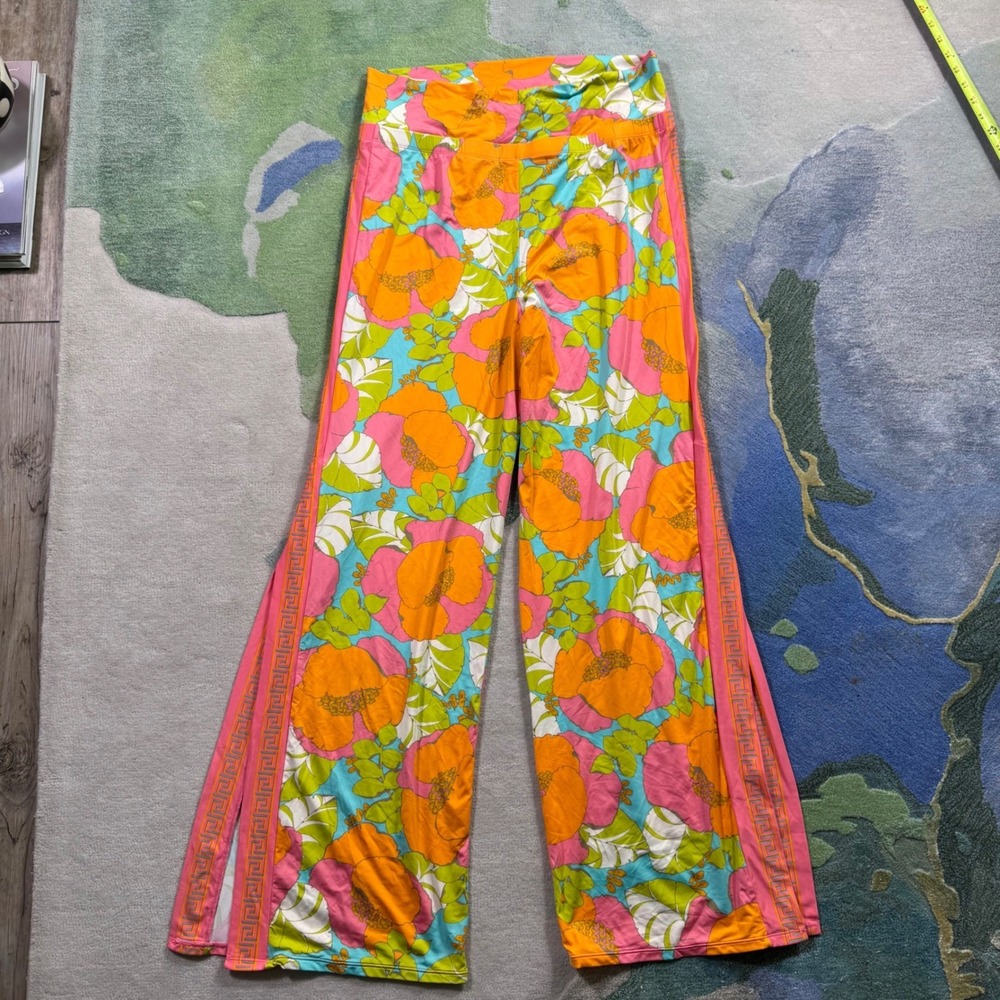 Trina Turk Floral Wide Leg Lounge Pants Orange Pink Greek Key Stripe XL - Picture 2 of 9
